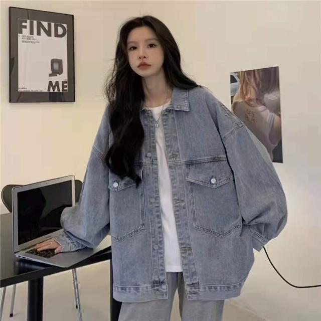 American denim jacket women's autumn  new retro BF style letter printing loose design long-sleeved top