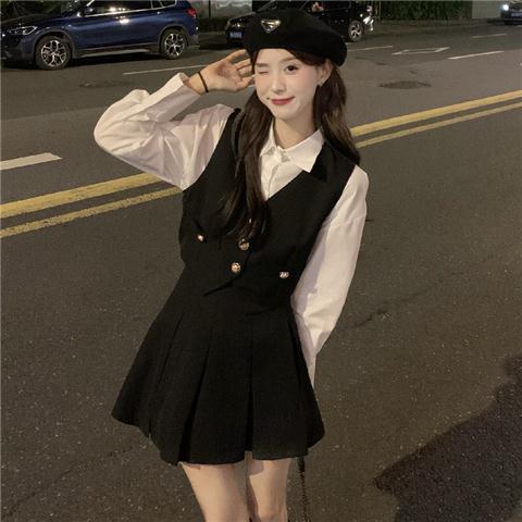 French niche sweet cool suit vest long-sleeved shirt pleated skirt female autumn new fashion three-piece suit tide