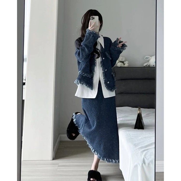 High-end raw edge long-sleeved jacket fashionable two-piece suit spring and autumn new design high-waisted half-length skirt for women