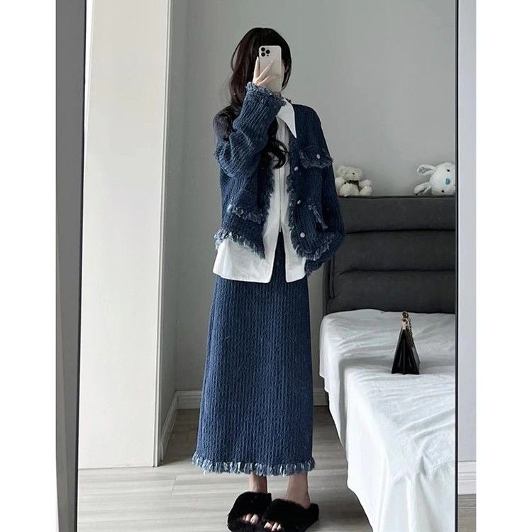 High-end raw edge long-sleeved jacket fashionable two-piece suit spring and autumn new design high-waisted half-length skirt for women