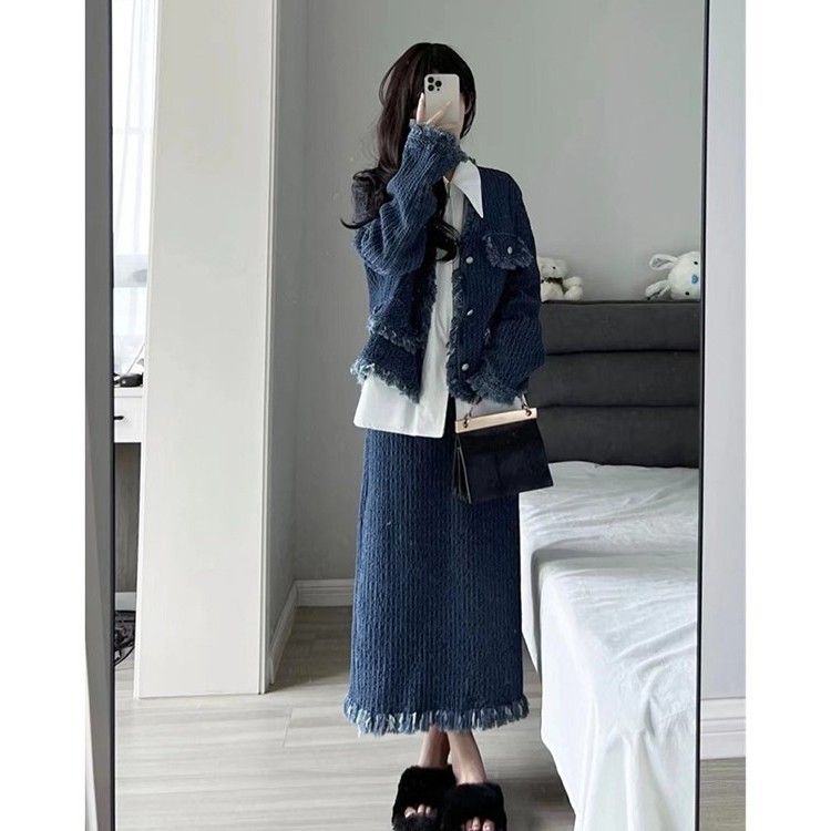 High-end raw edge long-sleeved jacket fashionable two-piece suit spring and autumn new design high-waisted half-length skirt for women