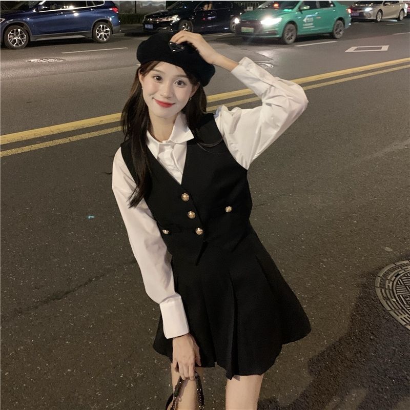French niche sweet cool suit vest long-sleeved shirt pleated skirt female autumn new fashion three-piece suit tide
