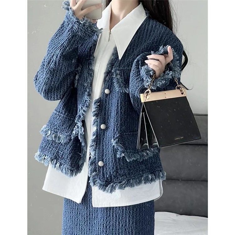 High-end raw edge long-sleeved jacket fashionable two-piece suit spring and autumn new design high-waisted half-length skirt for women