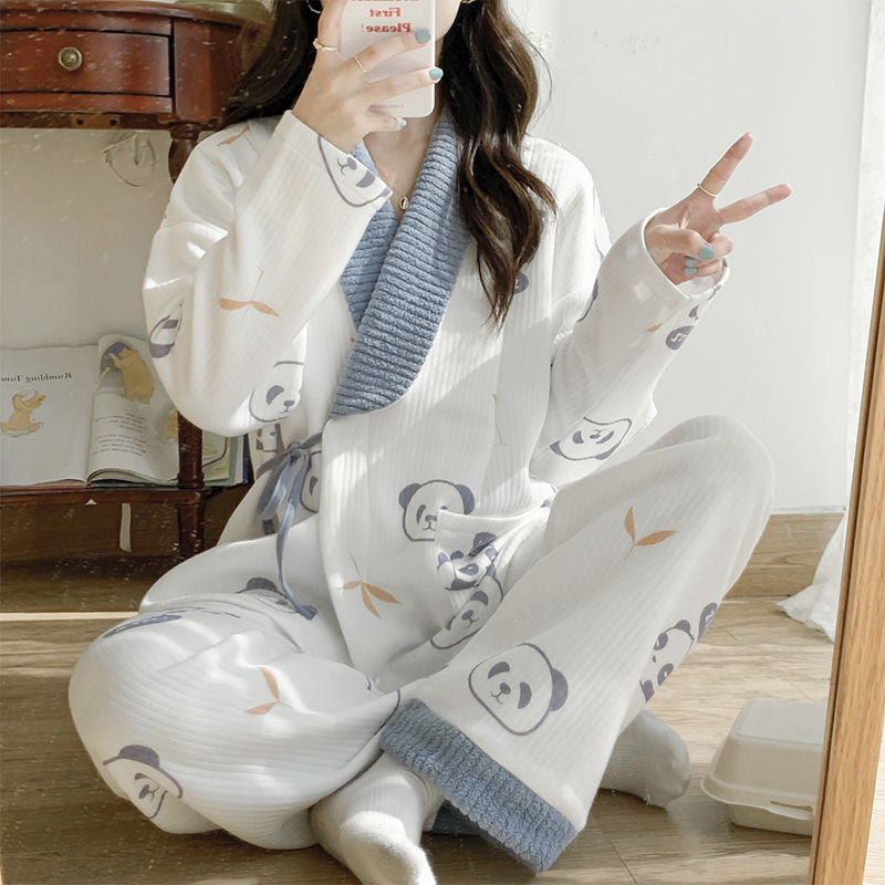 Korean version of ins kimono air cotton confinement clothing autumn and winter pure cotton thickened maternity pajamas spring and autumn models October 11