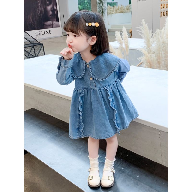 女童春秋裝長袖連衣裙2023新款洋氣寶寶公主裙子小童韓版牛仔裙子
