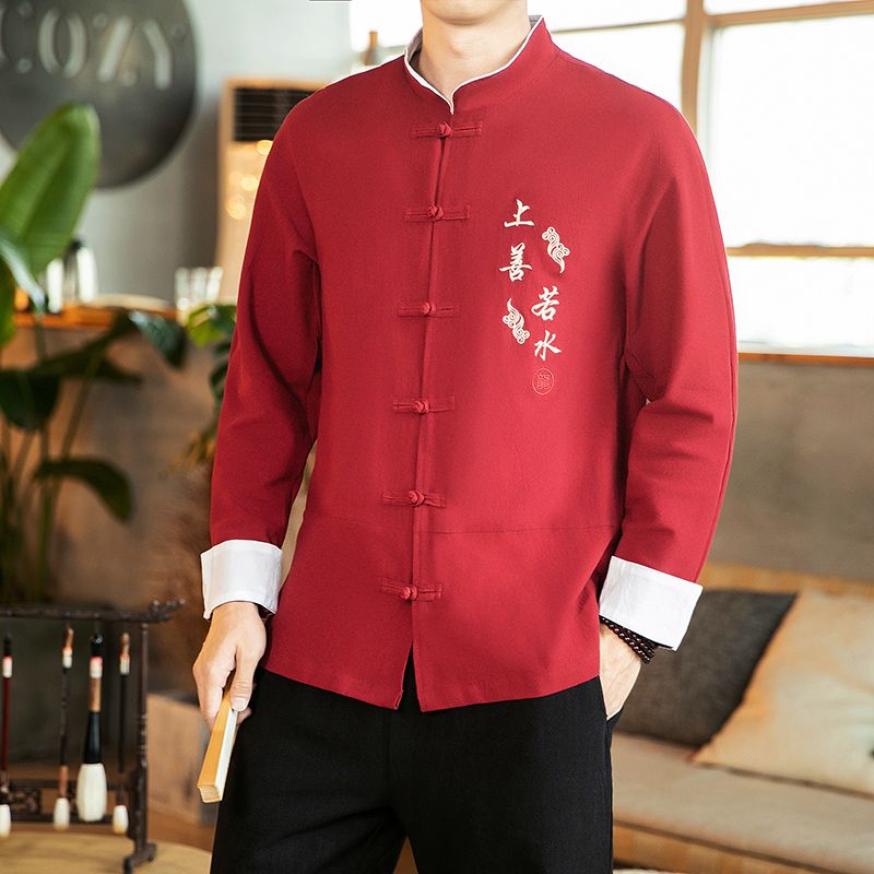 中式唐装男中国风春秋季棉麻长袖衬衫复古中山装宽松大码亚麻衬衣