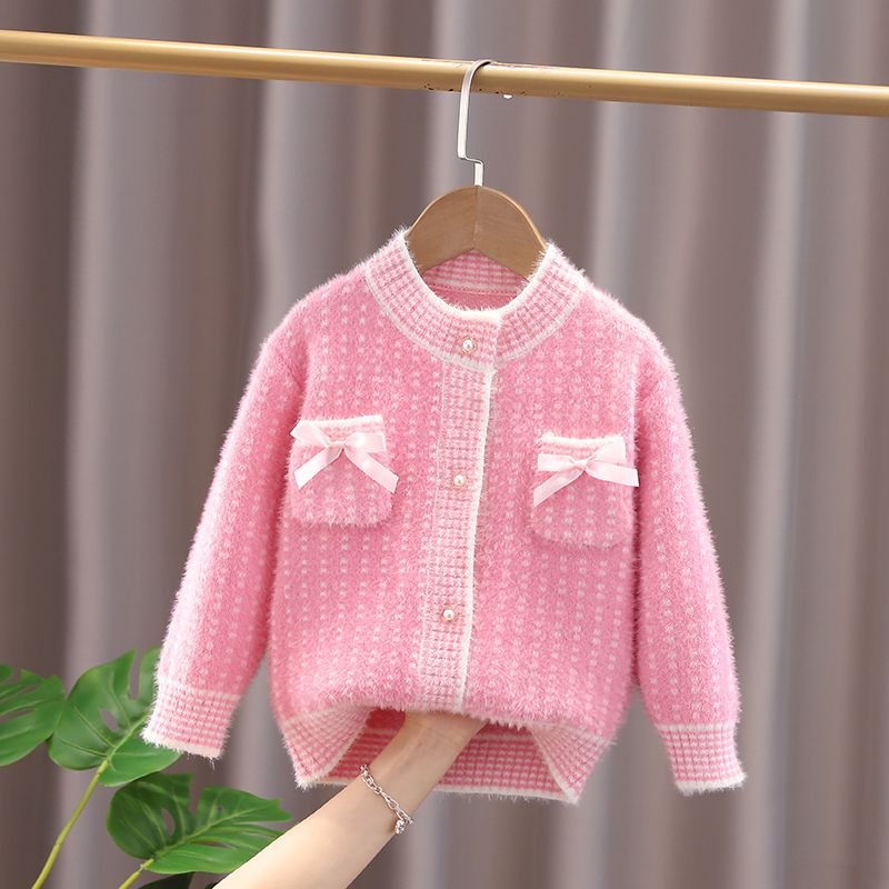 女童针织外套儿童小香风毛衣开衫2022新款洋气宝宝水貂绒粉色衣服