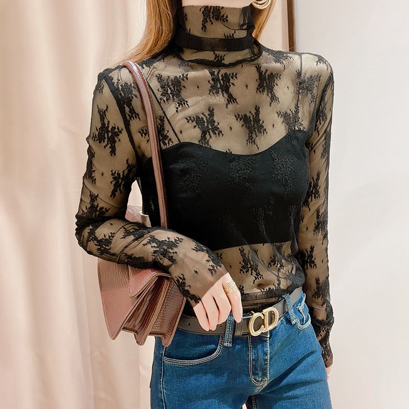 High-neck mesh bottoming shirt for women in early autumn, western-style suspender skirt with transparent sexy gauze and hollow lace top