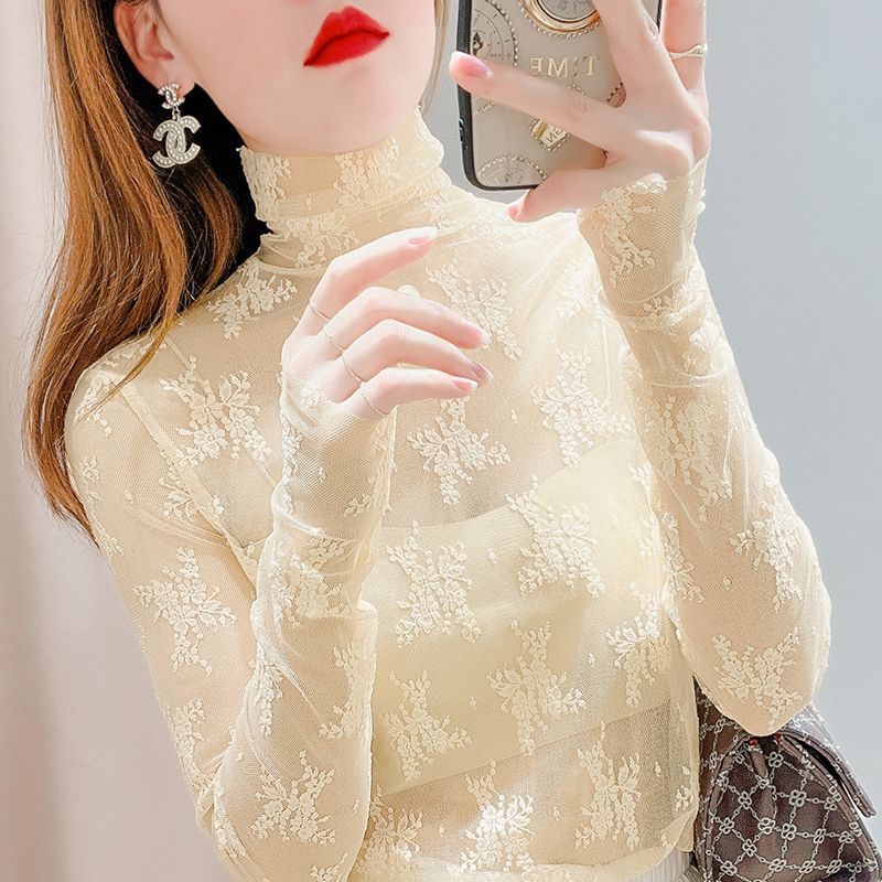 High-neck mesh bottoming shirt for women in early autumn, western-style suspender skirt with transparent sexy gauze and hollow lace top