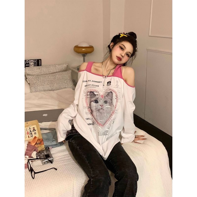 Korean style chic love cat sling one-shoulder pure desire sweet hot girl loose lazy long-sleeved T-shirt women's top autumn
