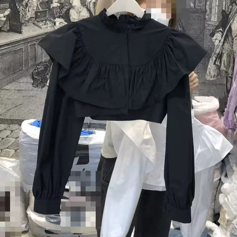 白襯衫女2023春季新款時尚立領荷葉邊拼接百搭休閒短款長袖上衣
