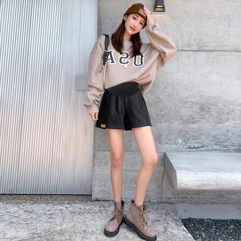 Pregnant women label leather shorts 2023 spring, autumn and winter Korean version of Aa word wide-leg pants women's outerwear trendy mother casual pu leather pants