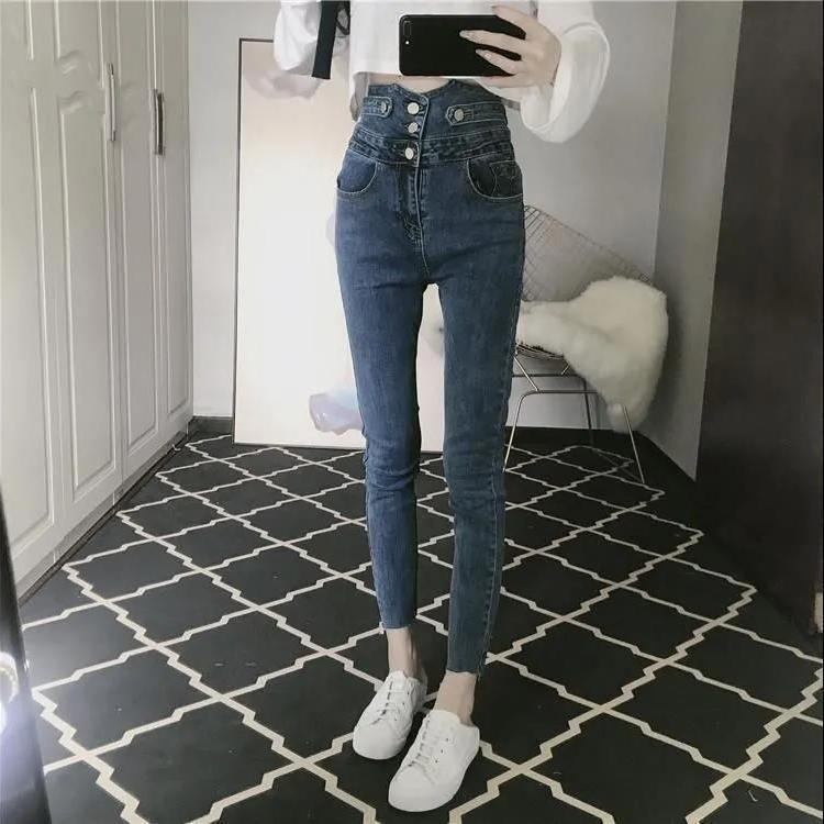 Super high waist jeans women's pencil pants 2022 autumn and winter plus velvet new fat mm slim slim pencil skinny pants