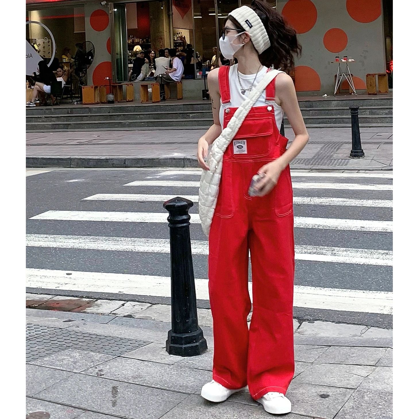 American high street retro denim overalls big red jumpsuit loose casual straight suspender trousers ins tide