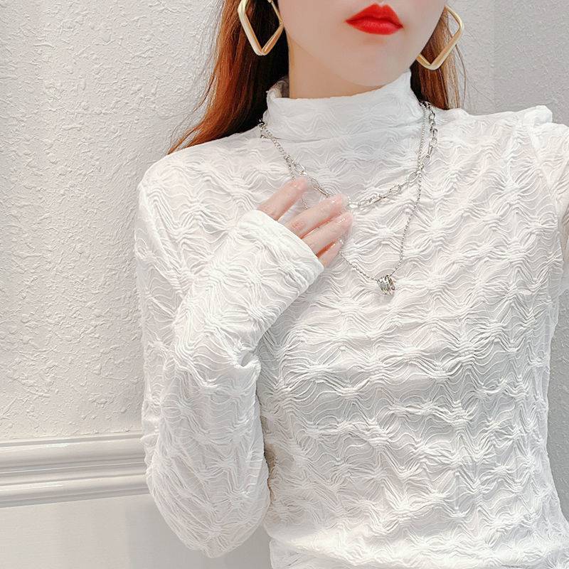 High-neck mesh bottoming shirt for women, autumn and winter style, new long-sleeved pleated shirt, gauze white lace top