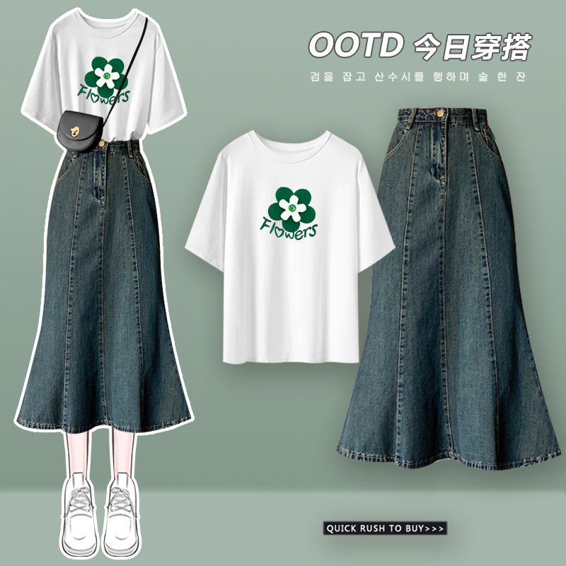 Retro denim fishtail bag hip dress 2022 new fairy bow puff sleeve shirt skirt suit summer