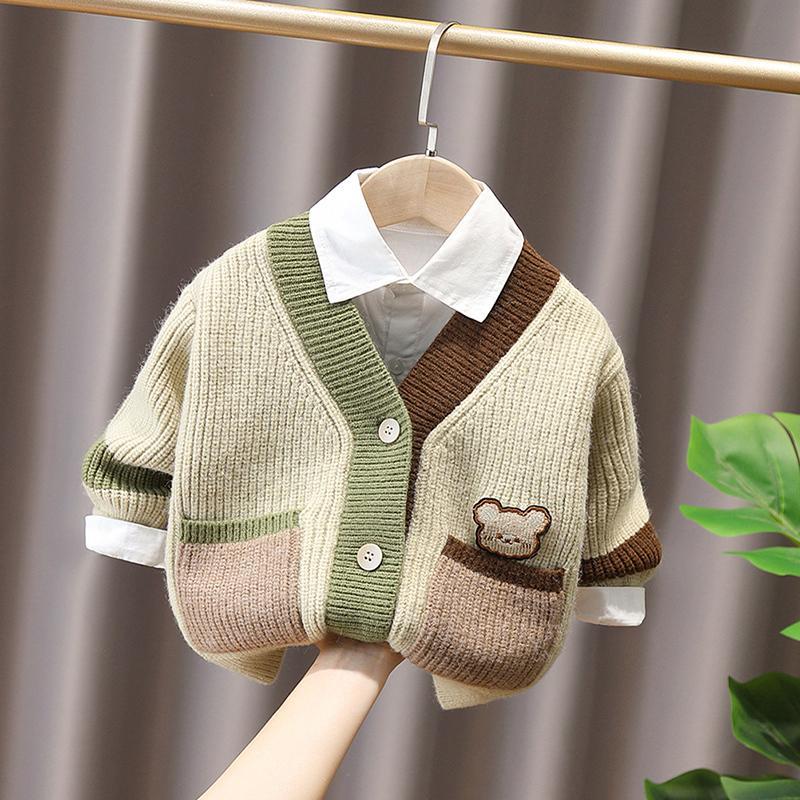Children's Han Fan cartoon pocket knitted cardigan boys and girls 2022 autumn and winter clothes baby thickened sweater children's coat