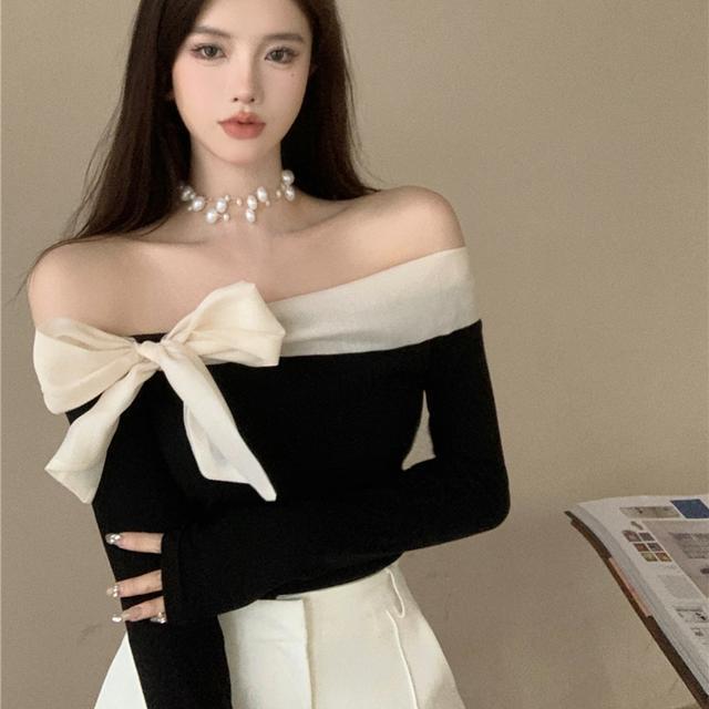 One-shoulder T-shirt women's  autumn new self-cultivation slim bow tie strapless long-sleeved bottoming shirt top