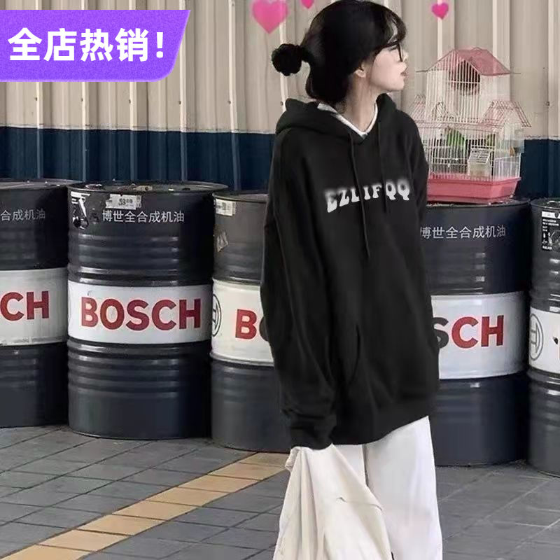 Spring and autumn new hooded long-sleeved oversize sweater in the big children's design sense BF loose top letter Japanese
