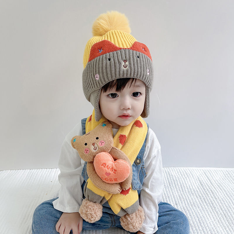 宝宝帽子围巾套装婴幼儿童秋冬季男童卡通毛线针织护耳帽女童冬天