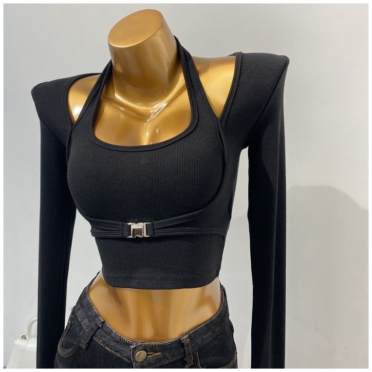 Full sense of design!  Sexy hanging neck fake two-piece top with metal buckle temperament slim short long-sleeved T-shirt 2022