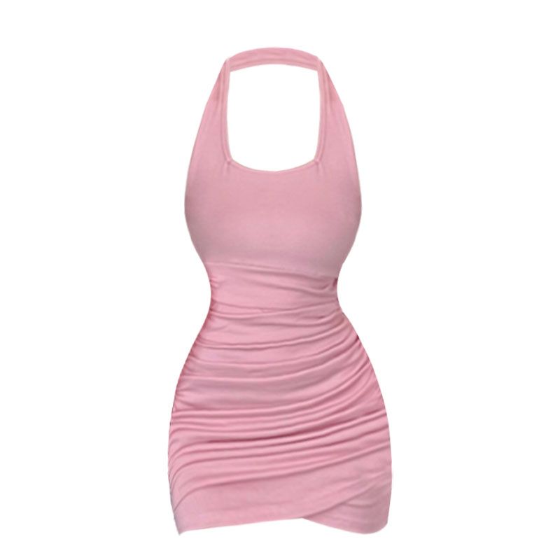Sexy Pure Desire Caution Machine Dress Women's Spice Girls Pleated Pink Elastic Halter Neck Sleeveless Dress