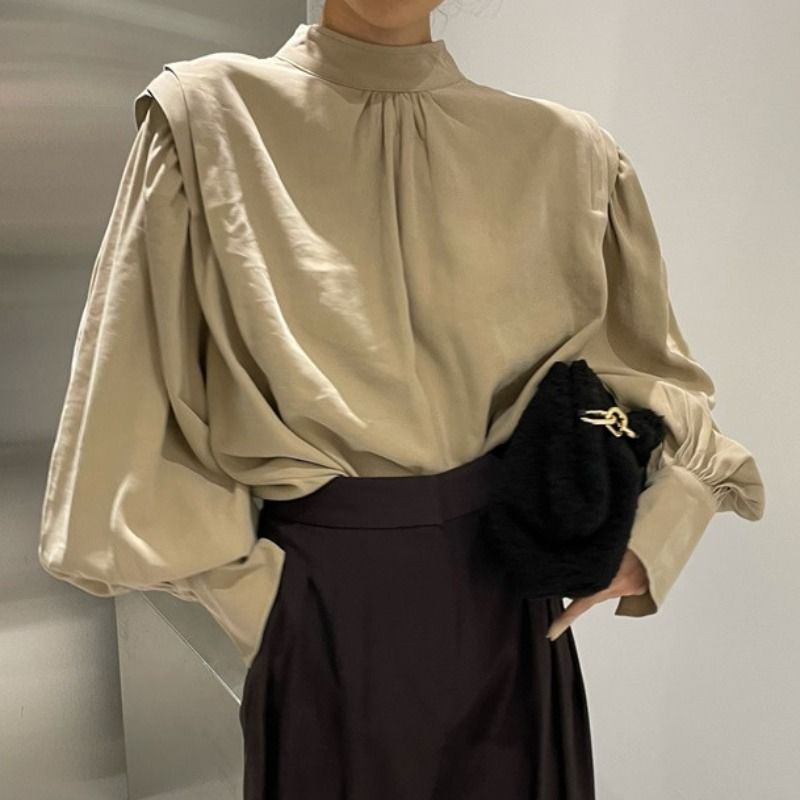 韩国chic秋季法式半高领后背纽扣设计感小众时尚灯笼袖衬衫上衣女