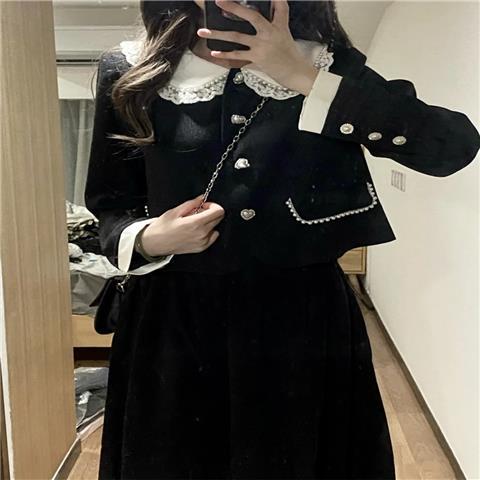 Doll collar slim temperament long-sleeved small fragrant wind jacket + mid-length skirt female autumn 2022 new suit