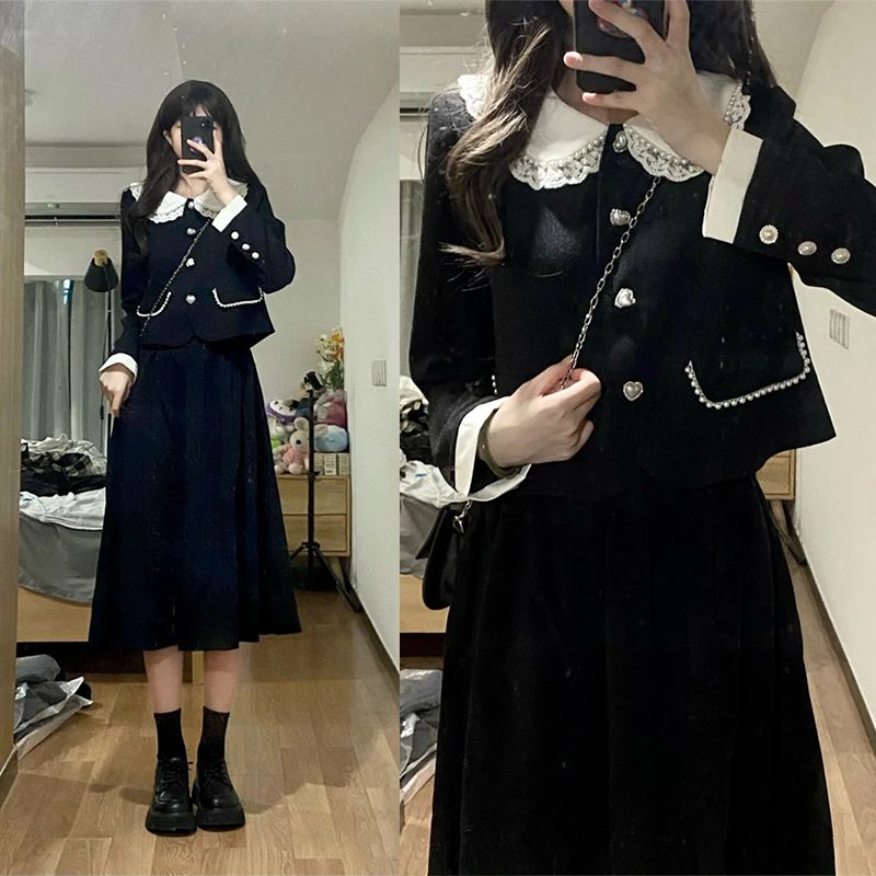 Doll collar slim temperament long-sleeved small fragrant wind jacket + mid-length skirt female autumn 2022 new suit