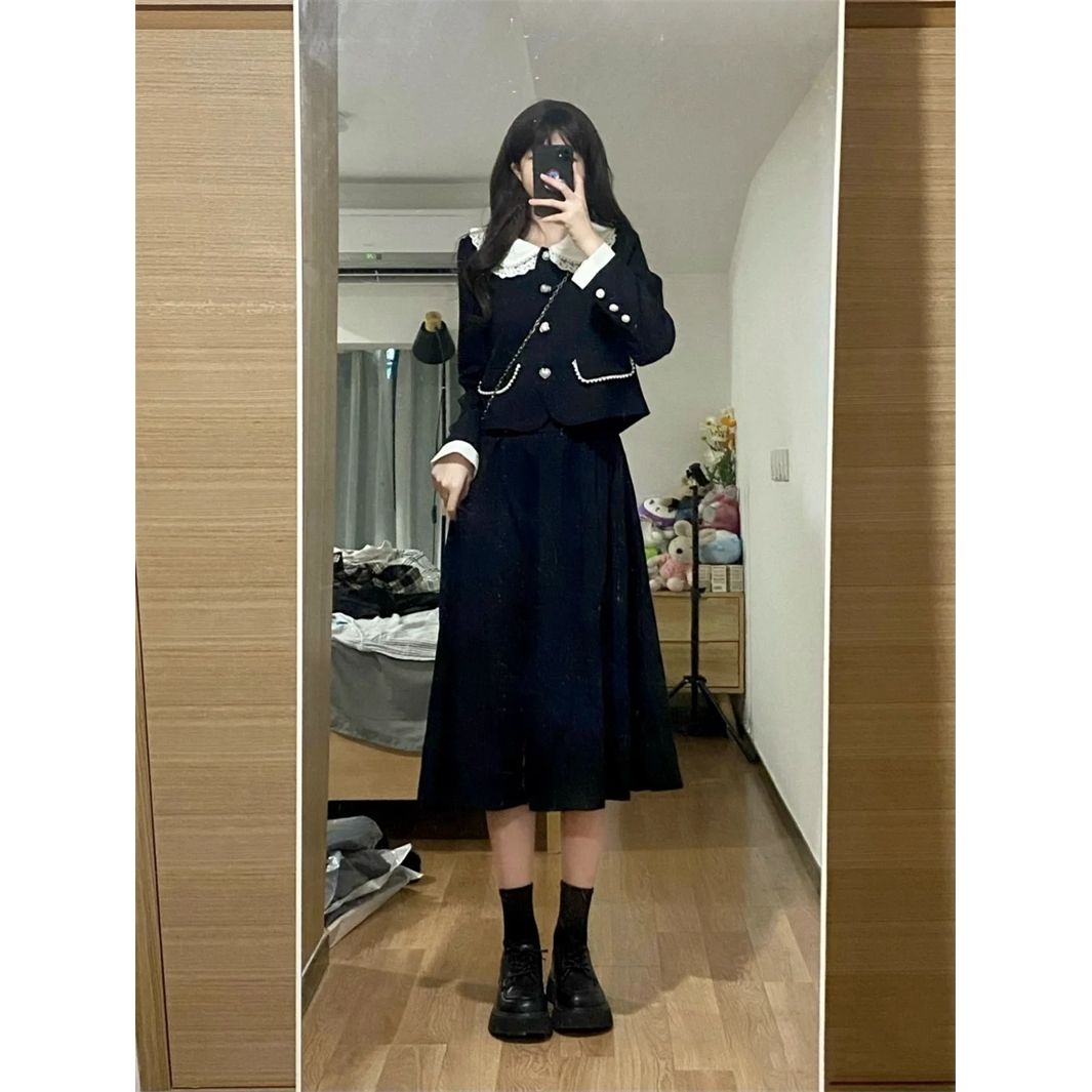 Doll collar slim temperament long-sleeved small fragrant wind jacket + mid-length skirt female autumn 2022 new suit