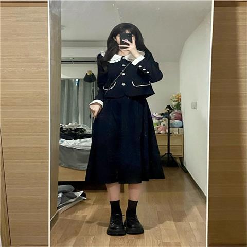 Doll collar slim temperament long-sleeved small fragrant wind jacket + mid-length skirt female autumn 2022 new suit