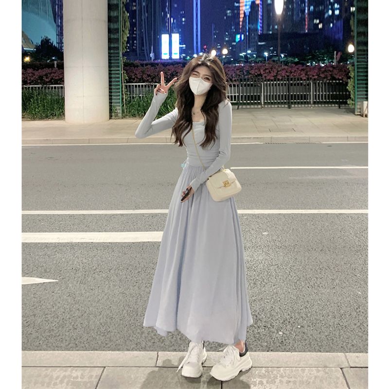 溫柔風方領長袖連衣裙女春秋2023新款法式氣質小心機修身顯瘦裙子