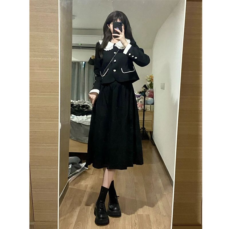 Doll collar slim temperament long-sleeved small fragrant wind jacket + mid-length skirt female autumn 2022 new suit