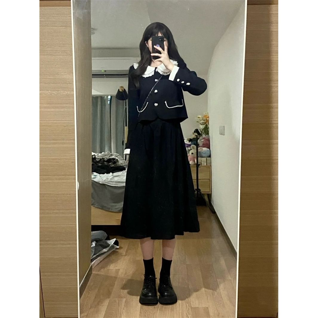 Doll collar slim temperament long-sleeved small fragrant wind jacket + mid-length skirt female autumn 2022 new suit