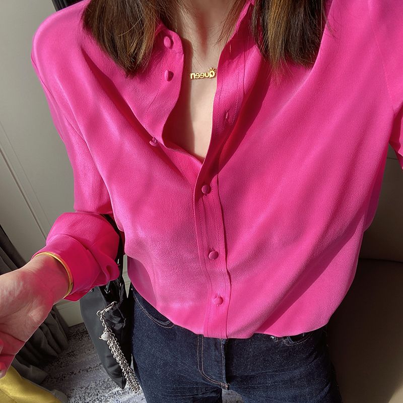 高級感真絲襯衫女法式復古玫紅通勤軟糯直筒桑蠶絲襯衫OL春秋襯衣