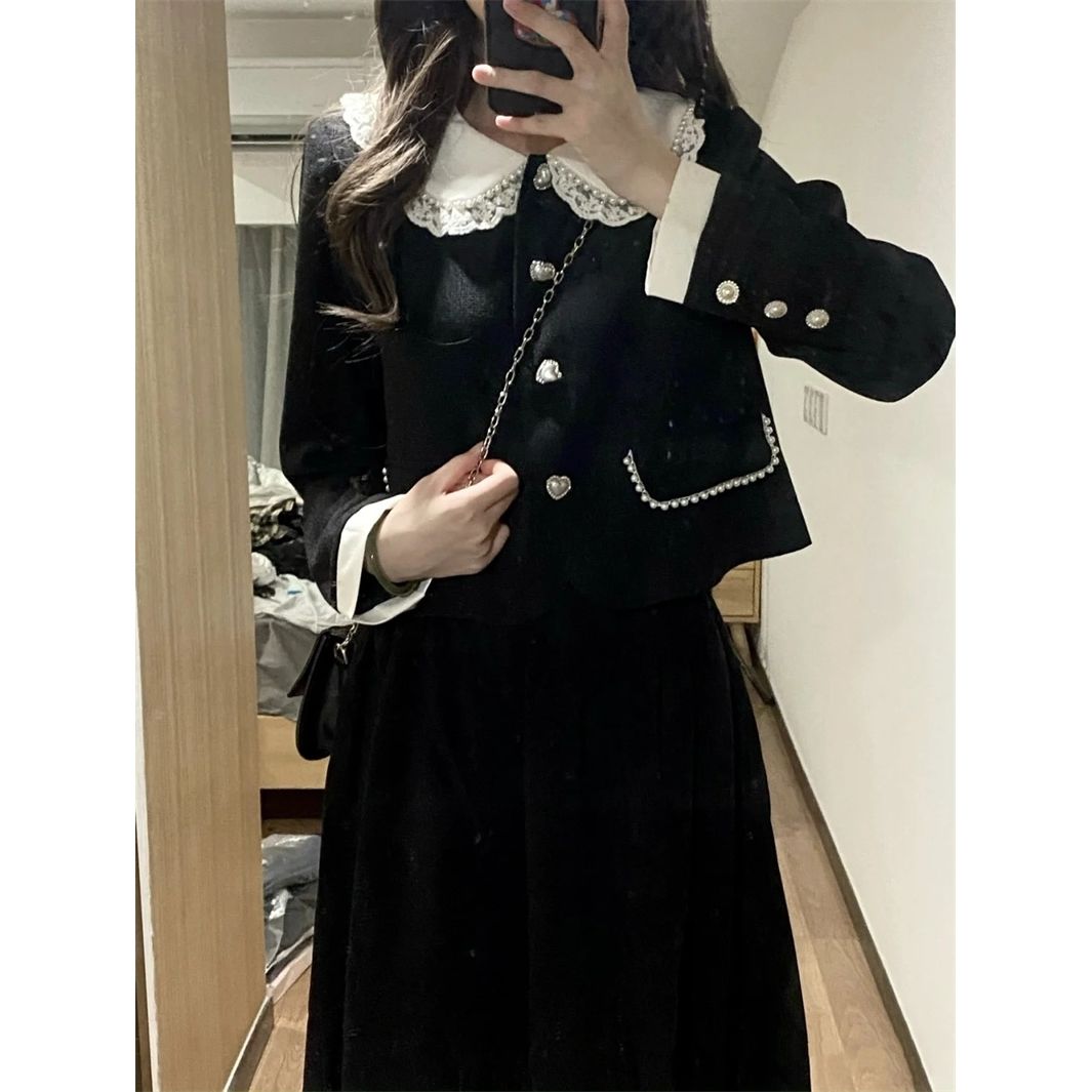 Doll collar slim temperament long-sleeved small fragrant wind jacket + mid-length skirt female autumn 2022 new suit