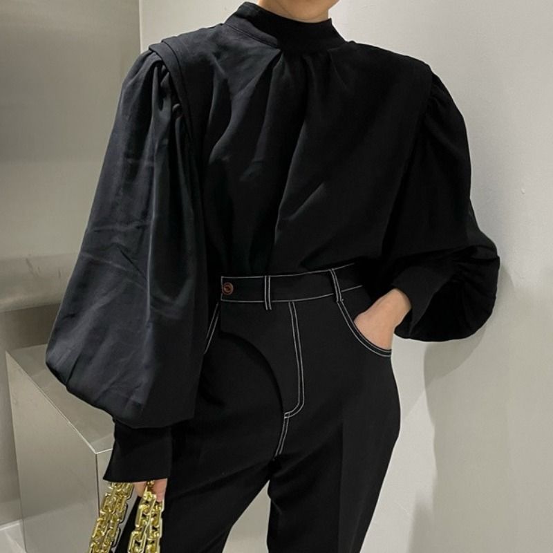 韩国chic秋季法式半高领后背纽扣设计感小众时尚灯笼袖衬衫上衣女