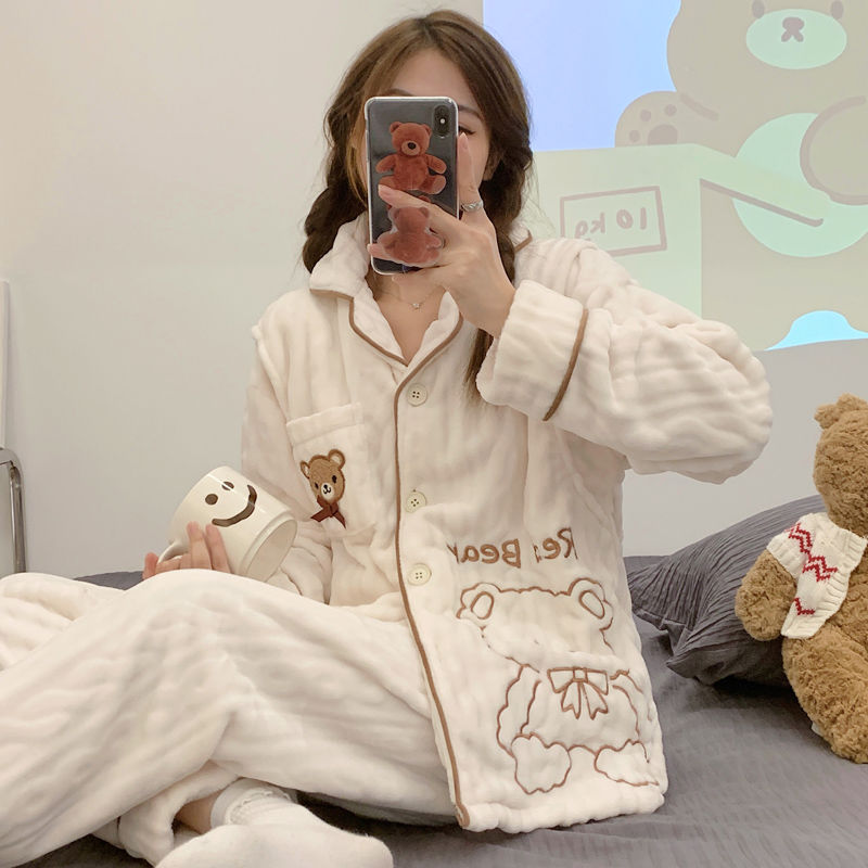 Korean version autumn and winter confinement clothing coral fleece pajamas flannel pregnant women adjustable warm home clothing set