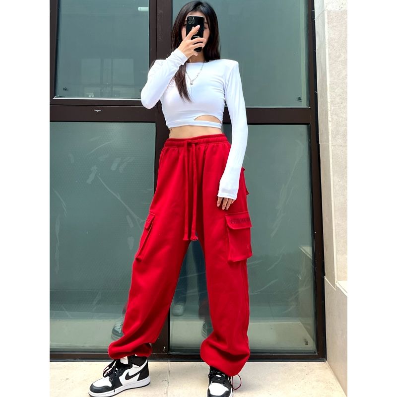 American style draped overalls women's pocket embroidery sweatpants spring and autumn loose and thin hiphop red sports pants