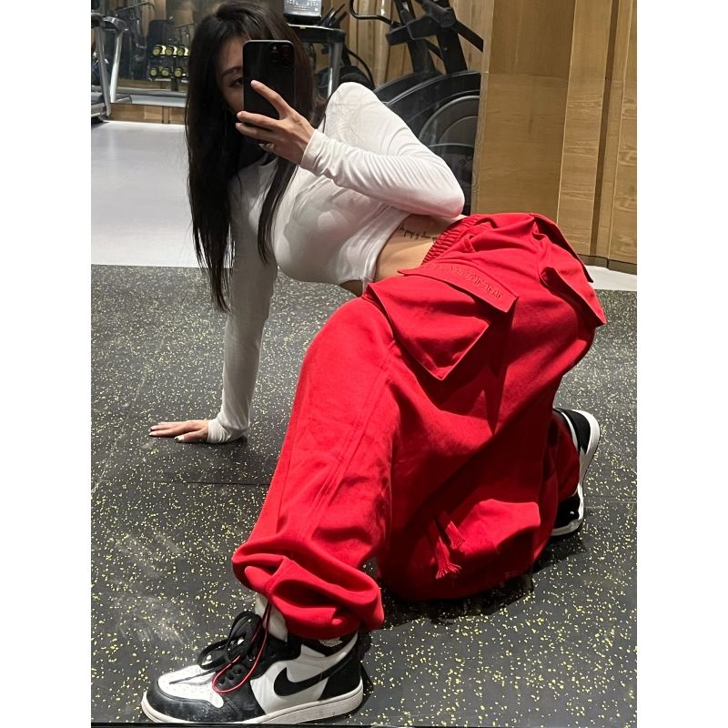 American style draped overalls women's pocket embroidery sweatpants spring and autumn loose and thin hiphop red sports pants