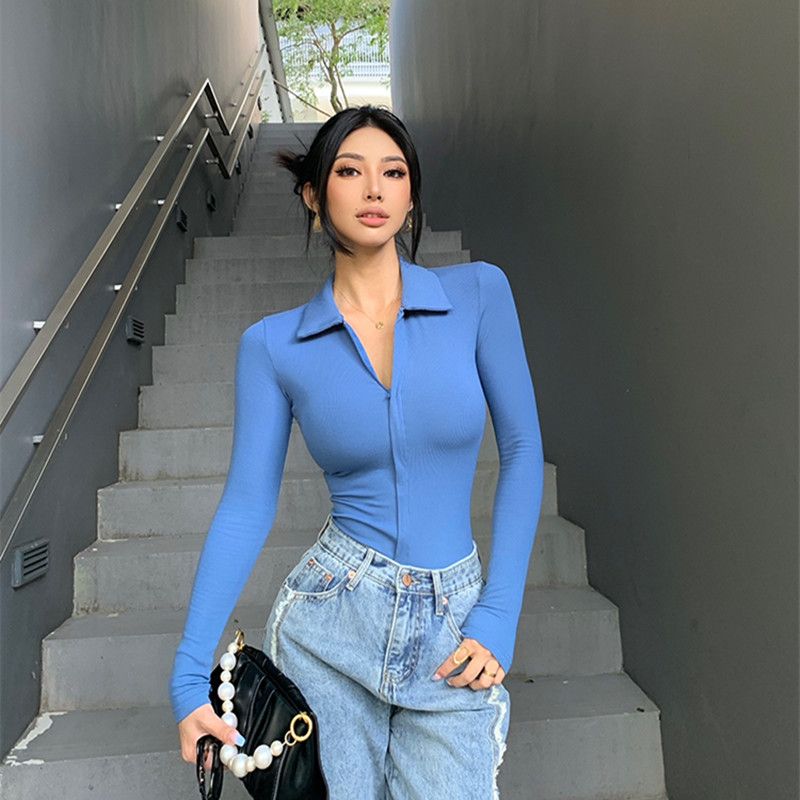V-neck long-sleeved T-shirt women's design sense spring and autumn new self-cultivation bottoming shirt lapel POLO collar half-zipper one-piece top