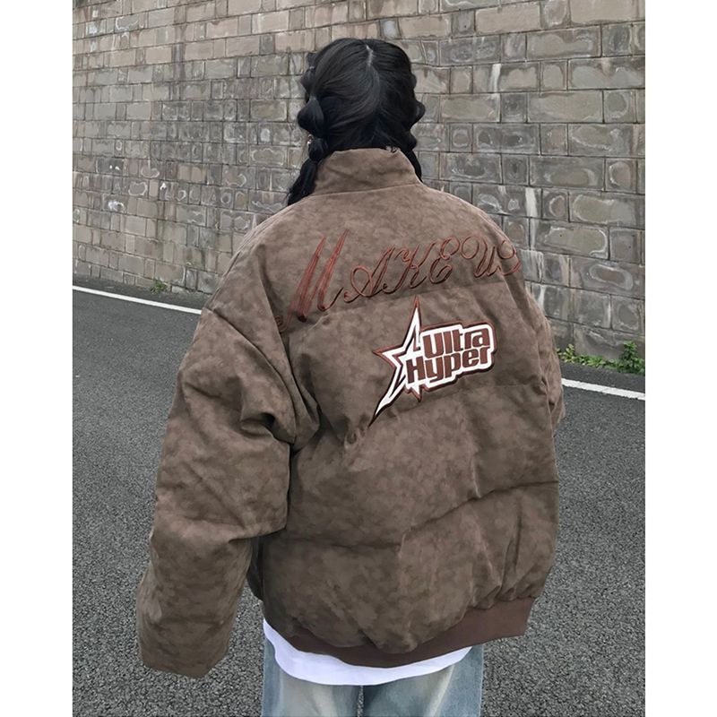 美式復古立領棉衣外套女學生秋冬季百搭寬鬆字母刺繡麵包冬季棉服