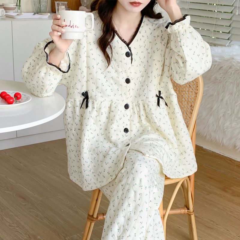 Korean version of confinement clothing spring and autumn pure cotton air cotton maternity pajamas autumn quilted two-piece winter home service suit