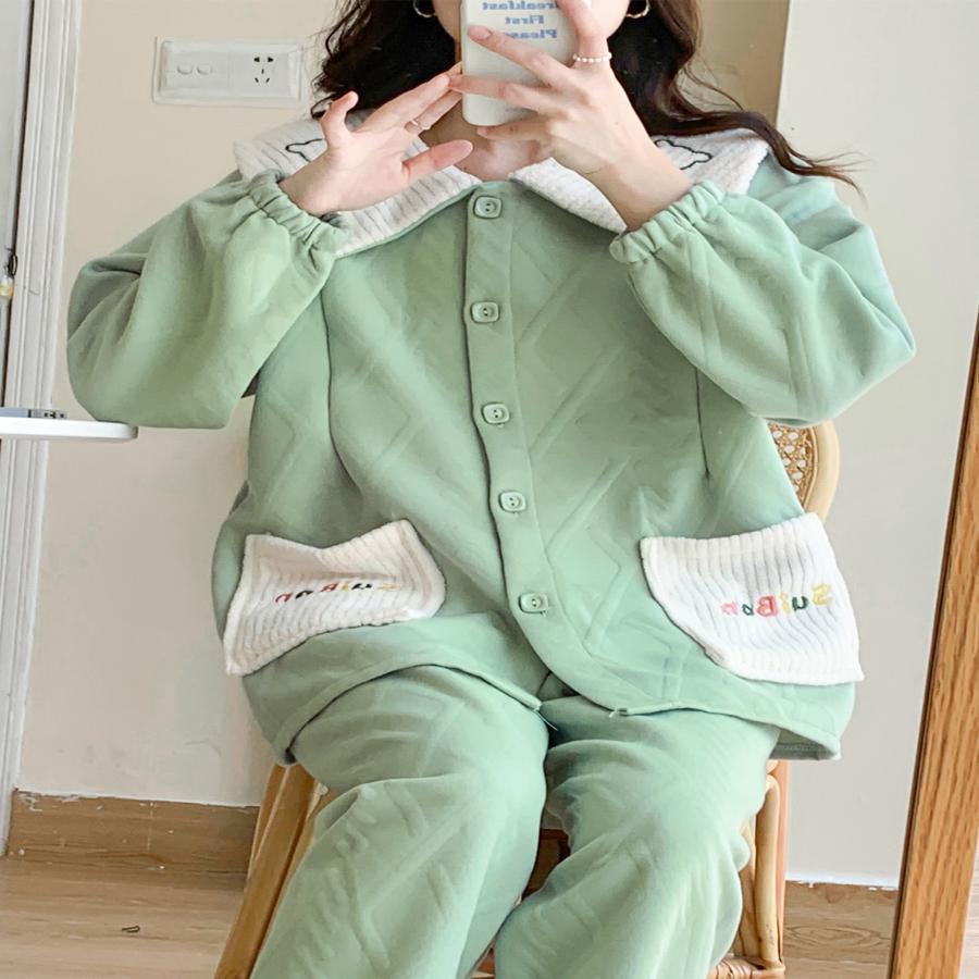 Korean version of confinement clothing spring and autumn pure cotton air cotton maternity pajamas autumn quilted two-piece winter home service suit