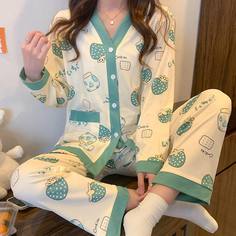 Pajamas women's spring and autumn hot style pajamas season net red V-neck new two-piece suit cute cartoon home clothes
