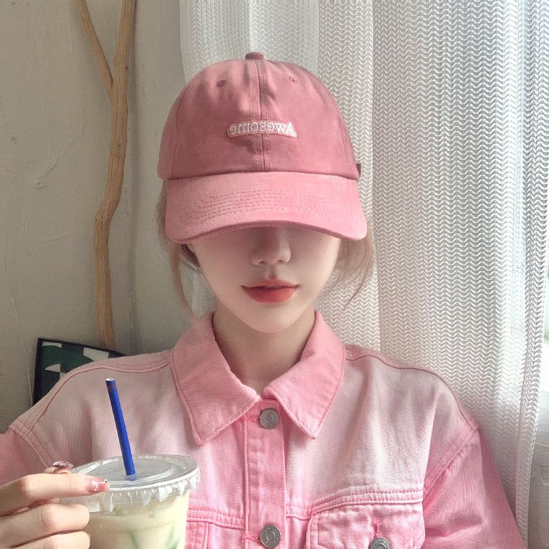 Japanese ins new white pink embroidered letters peaked cap female summer fashion face small sunscreen baseball cap