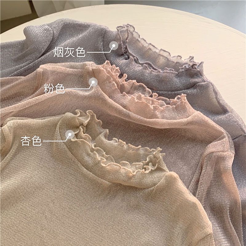 Half turtleneck lace bottoming shirt for women with foreign-style gauze clothes, ear-hem tops, mesh tops,  early autumn new style