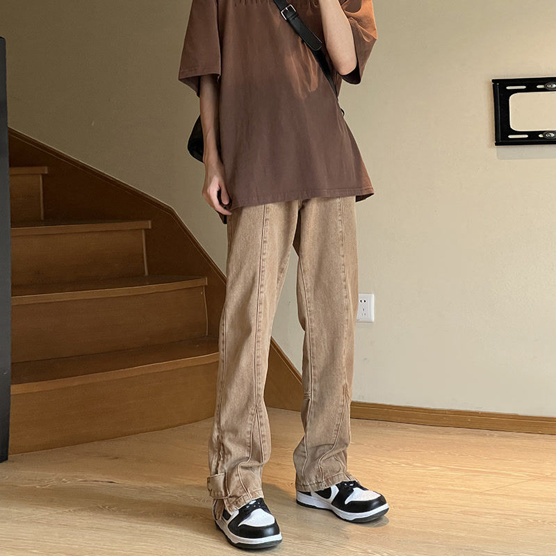 美式高街vibe牛仔褲男潮牌痞帥設計感小眾開叉男士直筒闊腿長褲子
