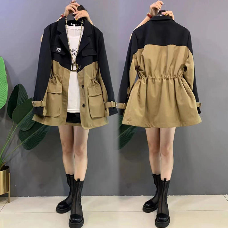 European fashion large size light familiar style women's clothing autumn foreign style matching color waist slimming simple top fat mm windbreaker jacket