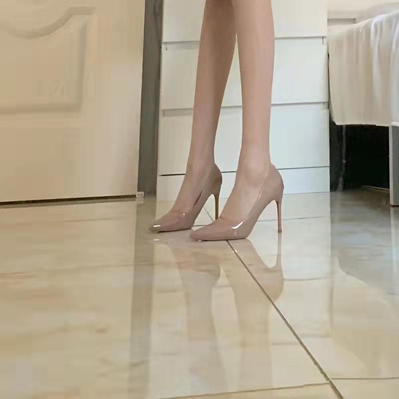 Nude high-heeled shoes stiletto  new summer real soft leather large size French pointed toe all-match professional temperament shoes